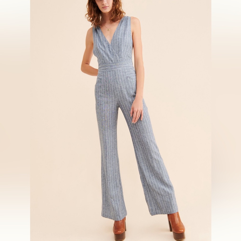 Open Back Denim Print Linen Jumpsuit